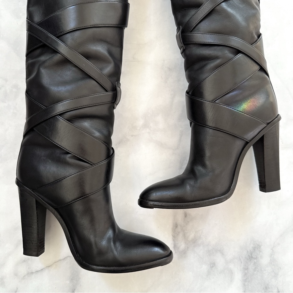 Saint Laurent Strappy Leather Wrap Around Tall Knee High Block Heeled Boot Black - Picture 4 of 16